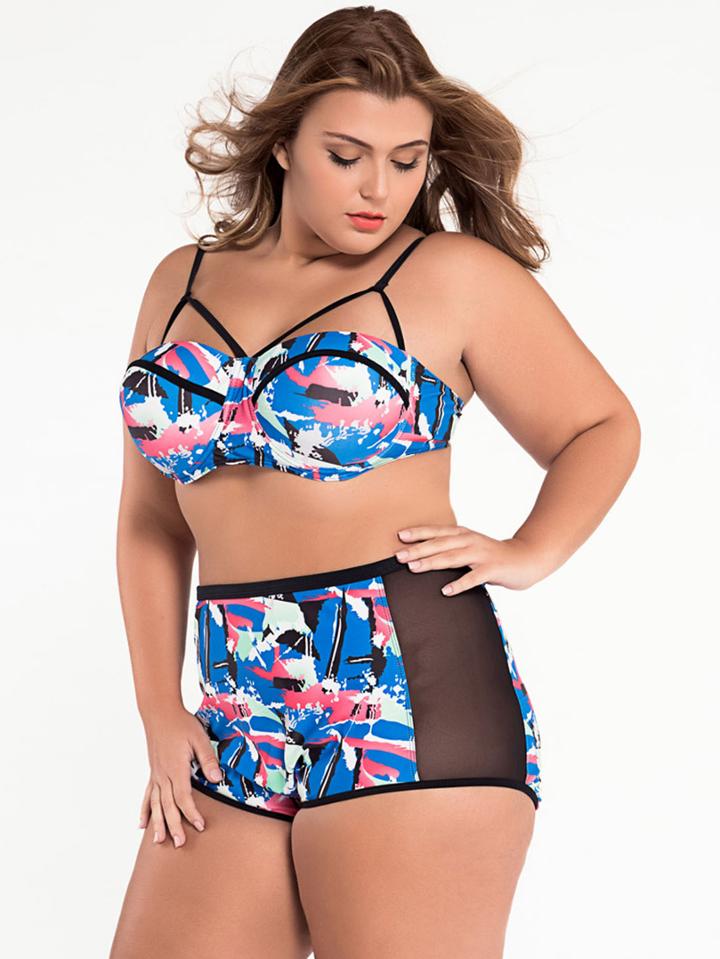 Romwe Multicolor Printed Mesh Insert Plus Size Bikini Set
