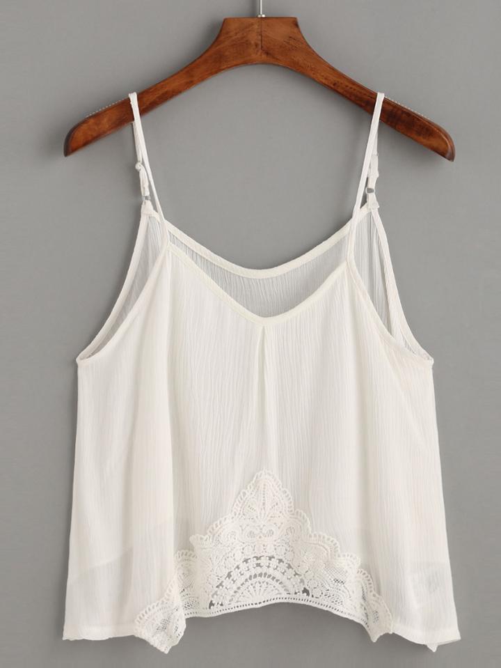 Romwe White Crochet Trim Crinkle Cami Top