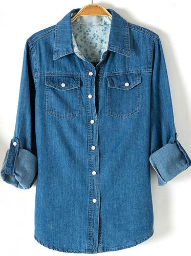 Romwe Blue Lapel Long Sleeve Boyfriend Trends Jean Swish Bleached Denim Blouse