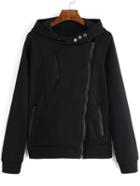 Romwe Hooded Zipper Black Sweatshirt