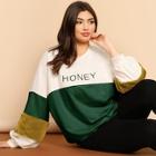Romwe Plus Faux Fur Insert Sleeve Cut-and-sew Letter Pullover