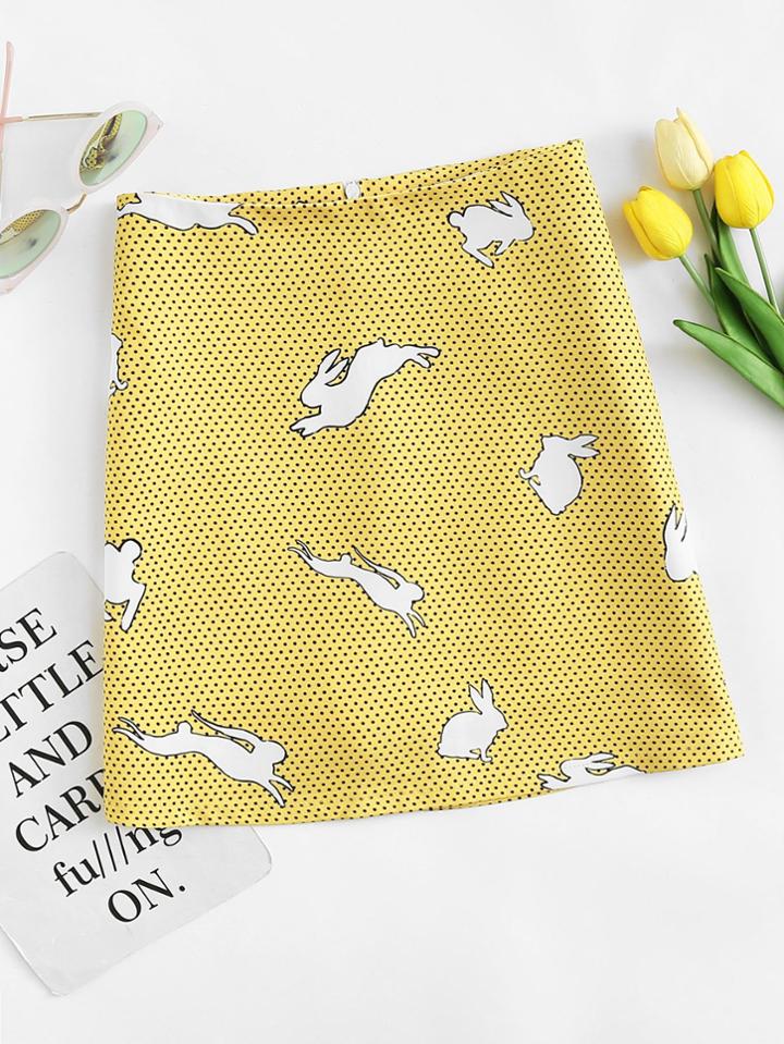 Romwe Polka Dot Rabbit Print Zip Up Back Skirt
