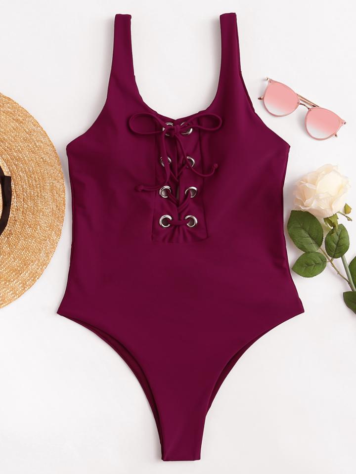 Romwe Lace Up Front High Leg Swimsuit