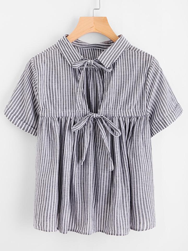 Romwe Striped Bow Tie Open Back Smock Blouse