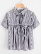 Romwe Striped Bow Tie Open Back Smock Blouse