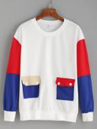 Romwe Color Block Drop Shoulder Dual Flap Pocket Sweatshirt