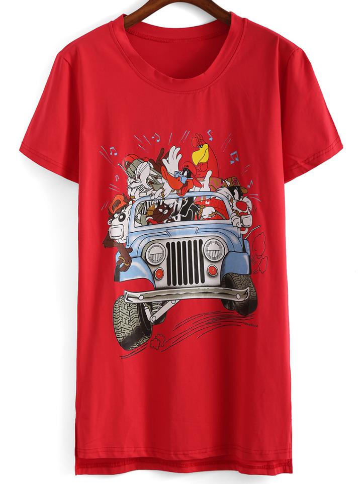 Romwe Dip Hem Cartoon Print Red T-shirt