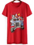 Romwe Dip Hem Cartoon Print Red T-shirt