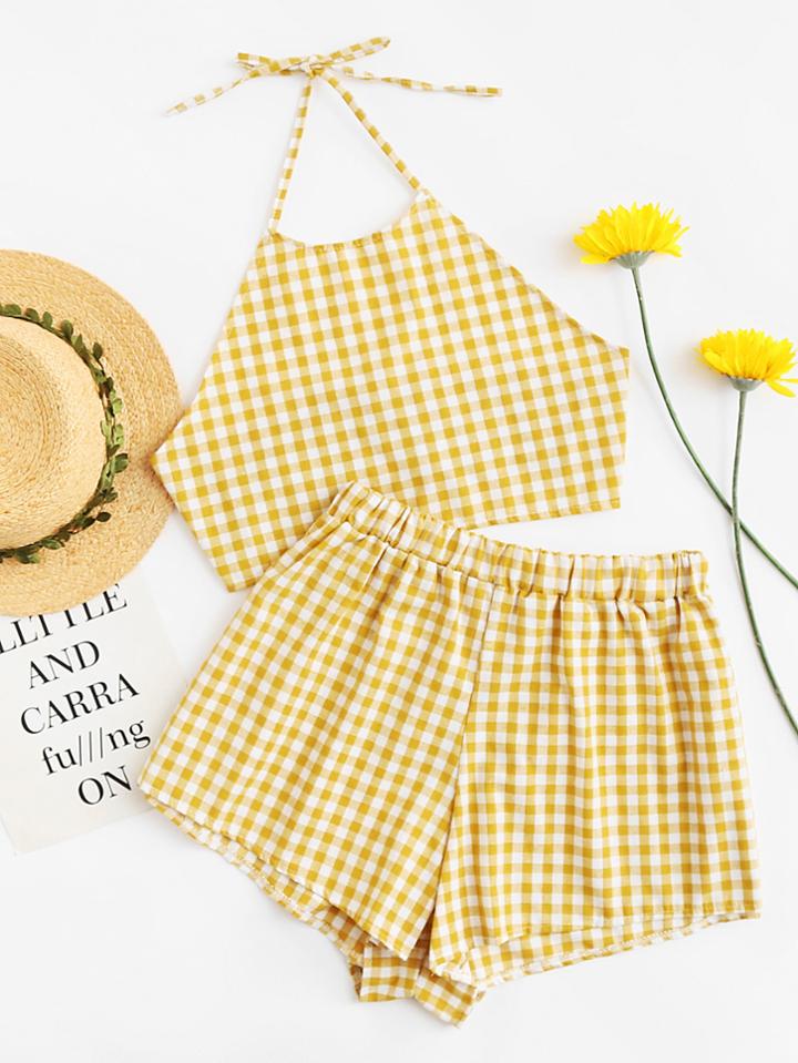 Romwe Knot Back Halter Top With Shorts