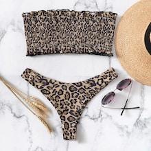 Romwe Leopard Print Shirred Bandeau With High Leg Bikini