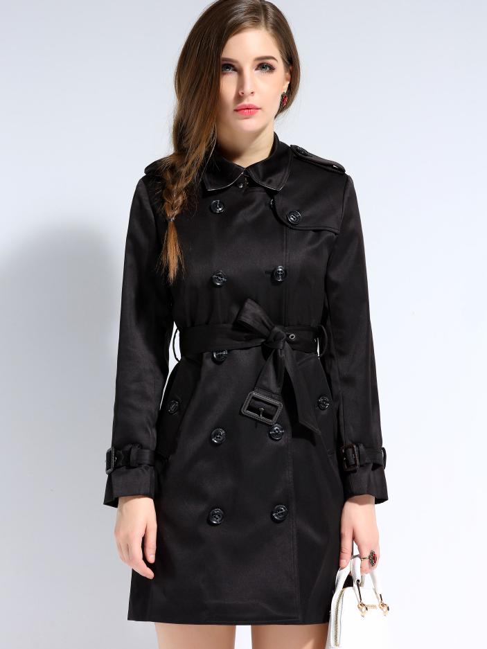 Romwe Black Lapel Long Sleeve Tie-waist Pockets Coat