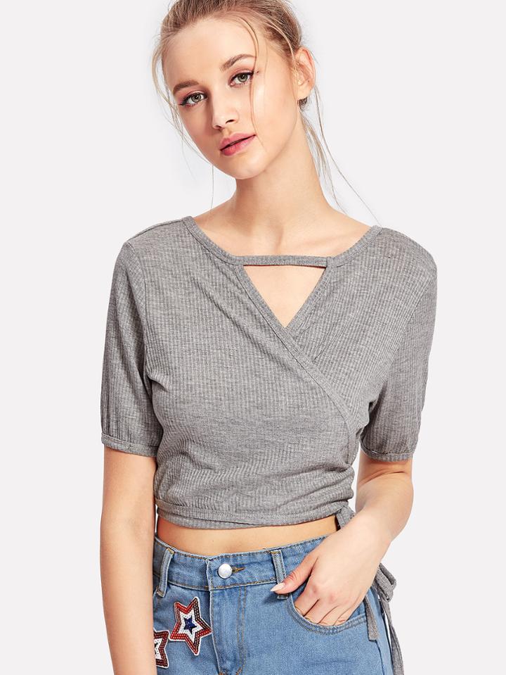 Romwe Keyhole Front Ribbed Wrap T-shirt