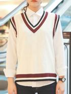 Romwe Dip Hem V Neck Striped White Vest Sweater