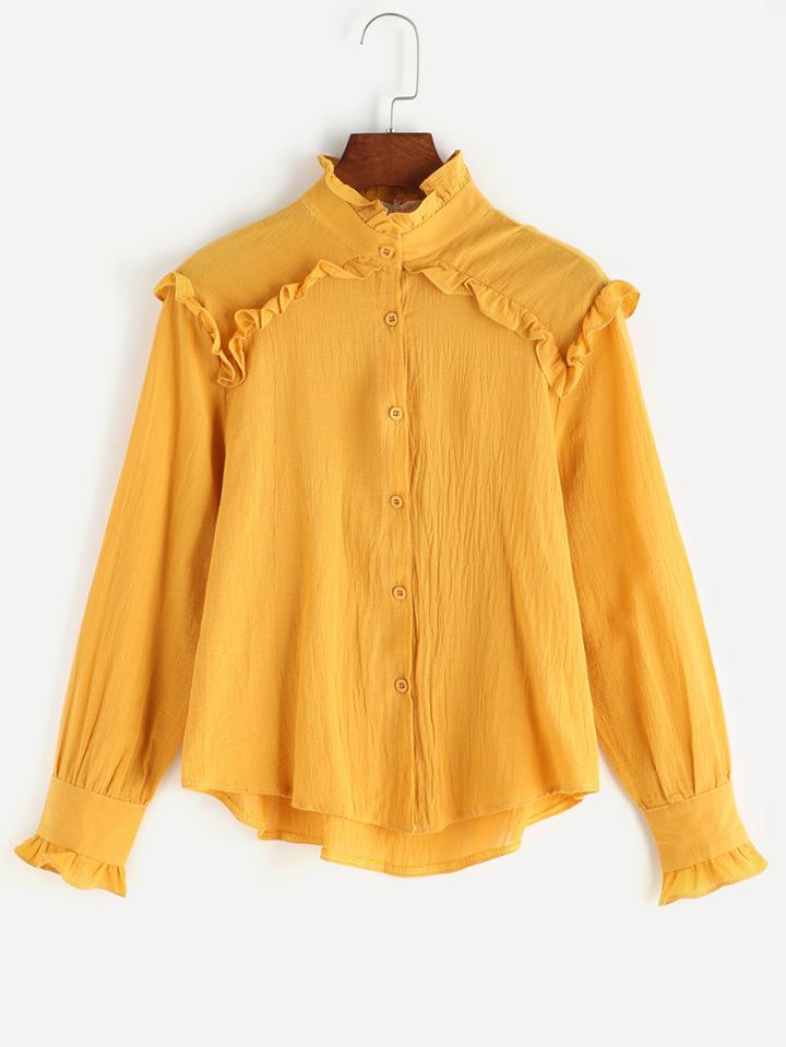 Romwe Mustard Frill Neck High Low Blouse