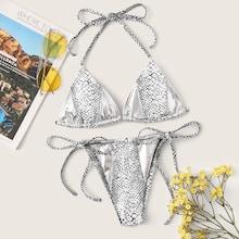 Romwe Croc Print Halter Top With String Bikini