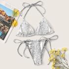 Romwe Croc Print Halter Top With String Bikini