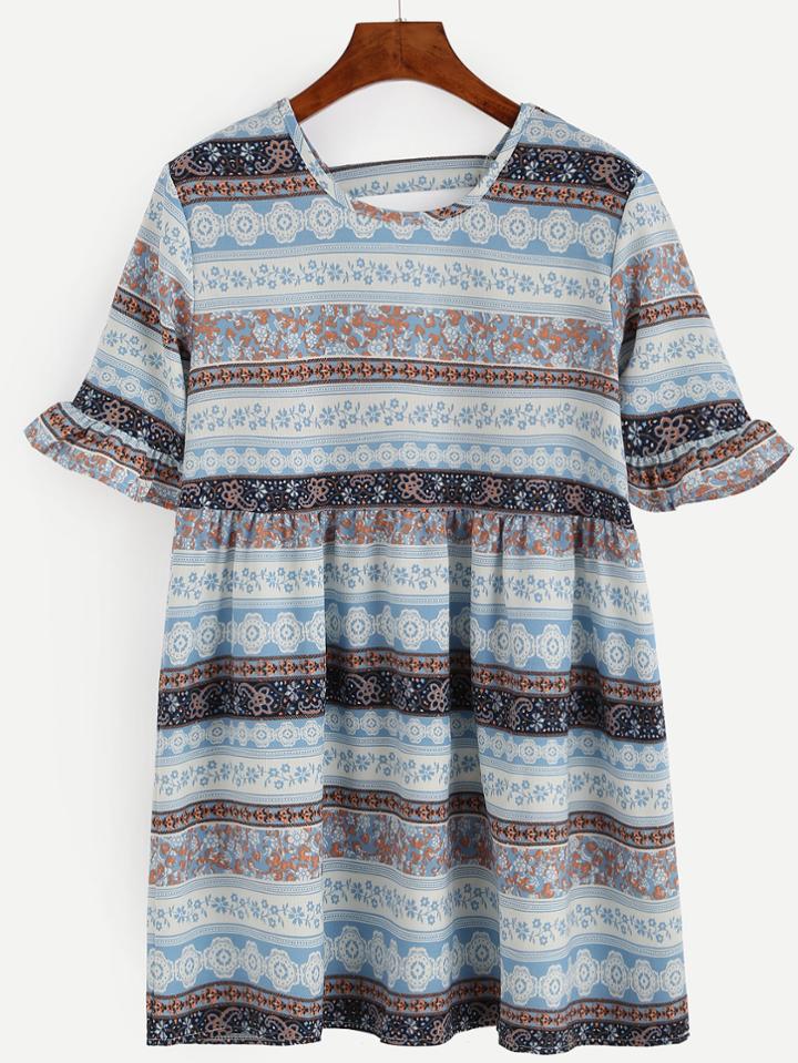 Romwe Multicolor Tribal Print Ruffle Dress