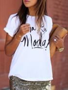 Romwe White Round Neck Letter Print Loose T-shirt