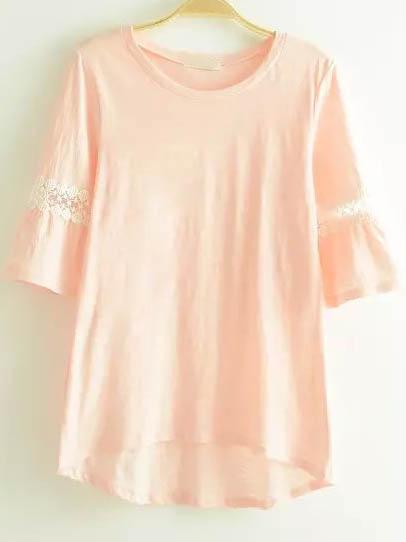 Romwe Pink Round Neck Lace Dip Hem T-shirt