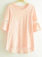 Romwe Pink Round Neck Lace Dip Hem T-shirt