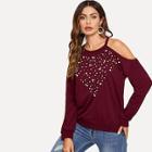 Romwe Cold Shoulder Pearl Beaded Pullover