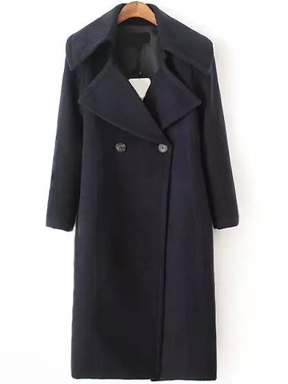 Romwe Lapel Double Breasted Split Back Long Navy Coat