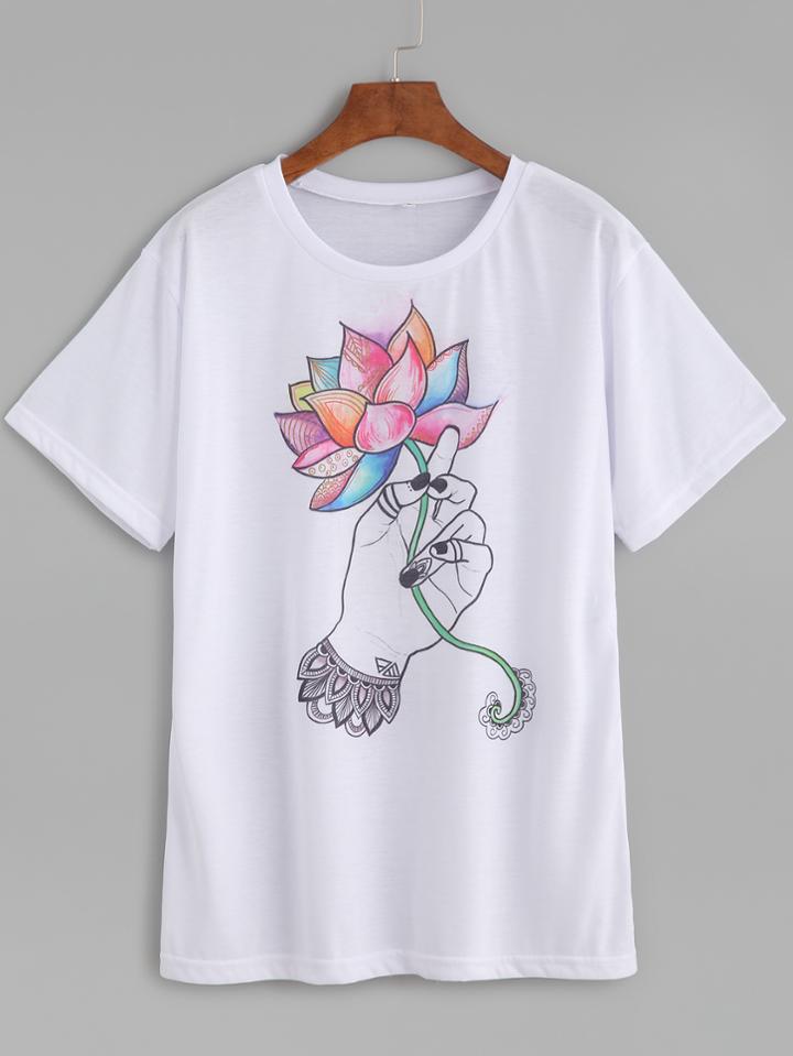 Romwe White Lotus Flower Print T-shirt