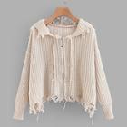 Romwe Frayed Trim Drop Shoulder Hooded Sweater