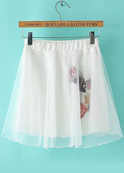 Romwe Elastic Waist Rose Print Pleated White Skirt