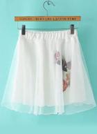 Romwe Elastic Waist Rose Print Pleated White Skirt