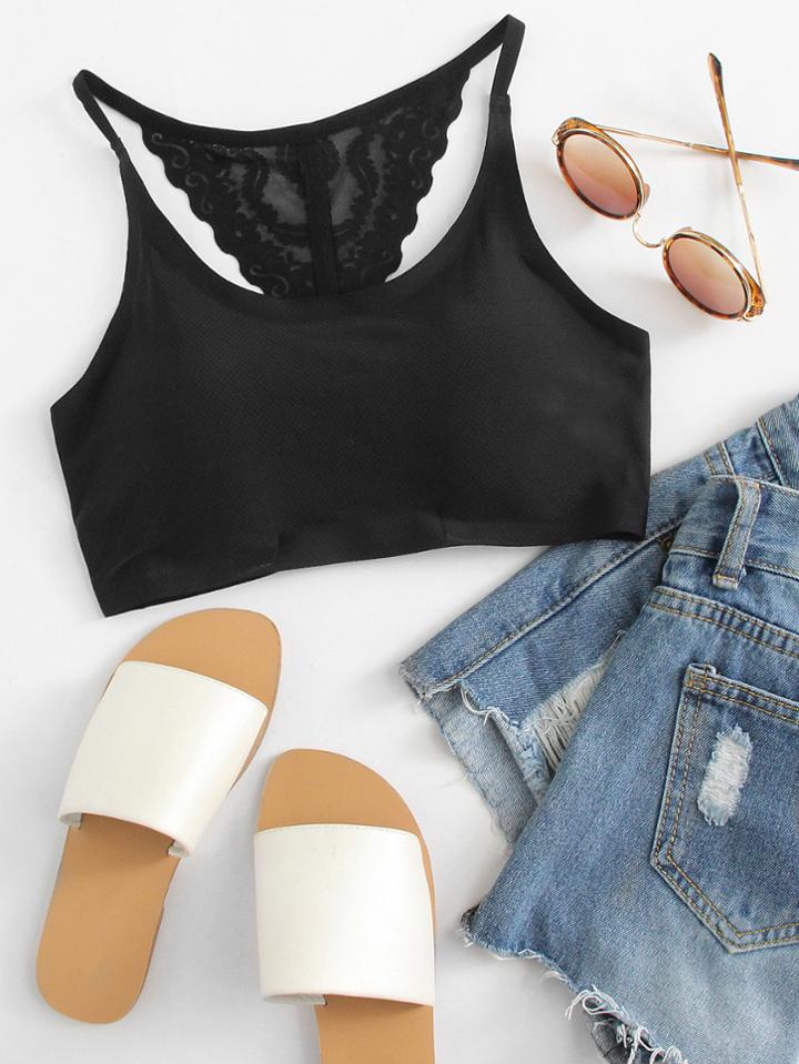 Romwe Lace Panel Back Crop Cami Top
