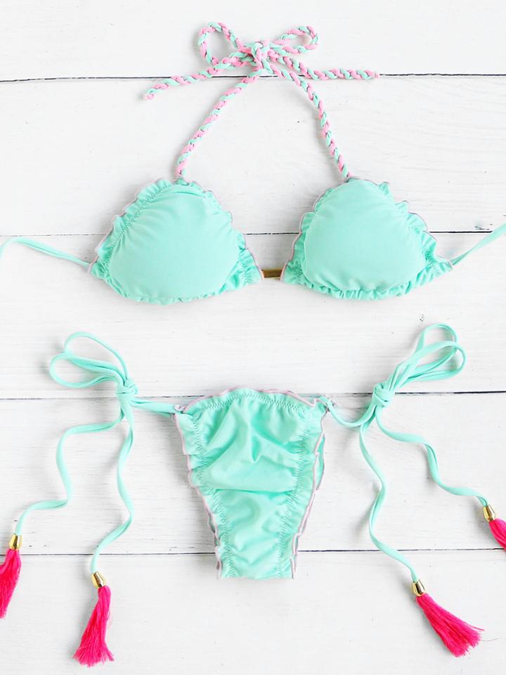 Romwe Frill Trim Tassel Tie Bikini Set