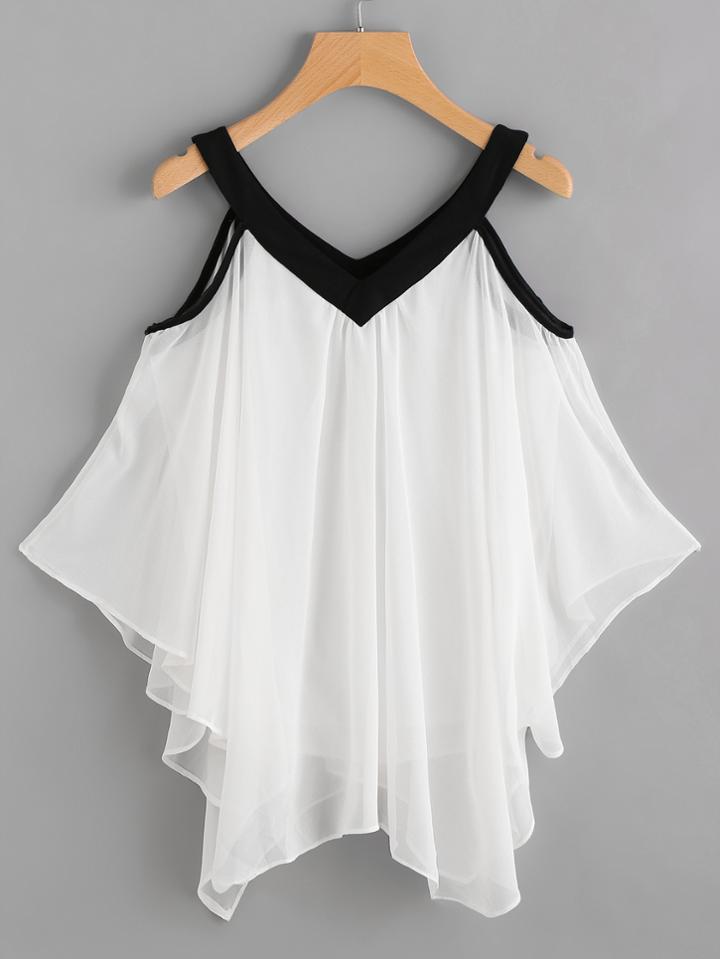 Romwe Contrast Trim Open Shoulder Asymmetric Chiffon Top
