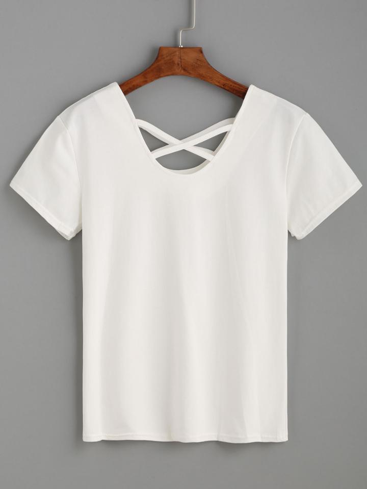 Romwe White Criss Cross T-shirt
