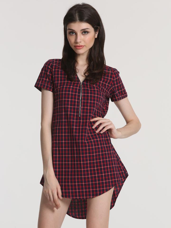 Romwe Red Short Sleeve Zipper Plaid Dress