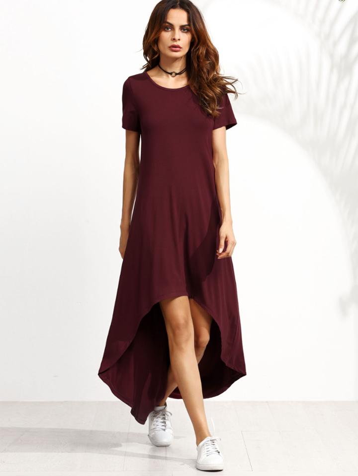 Romwe Burgundy Short Sleeve High Low Dress