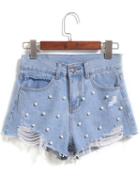 Romwe With Pearl Ripped Denim Pale Blue Shorts