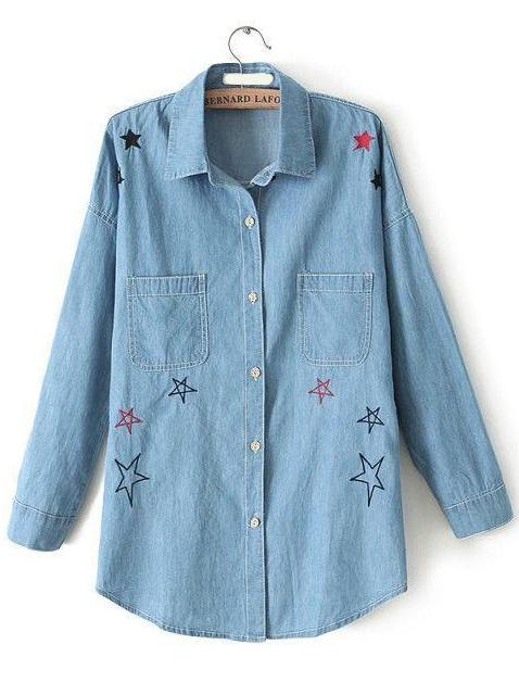 Romwe Stars Embroidered Denim Blouse