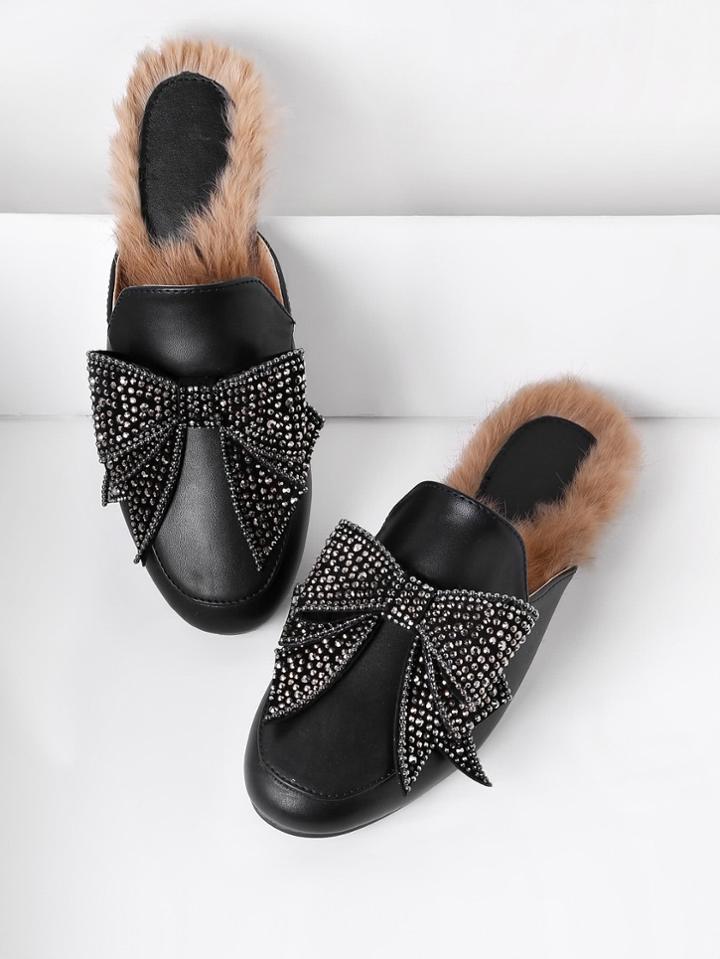 Romwe Bow Tie Pu Flat Mules With Faux Fur
