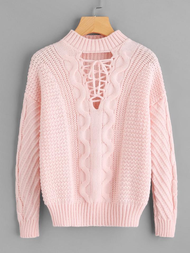 Romwe Eyelet Lace Up Neck Mixed Knit Sweater