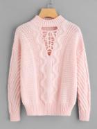 Romwe Eyelet Lace Up Neck Mixed Knit Sweater