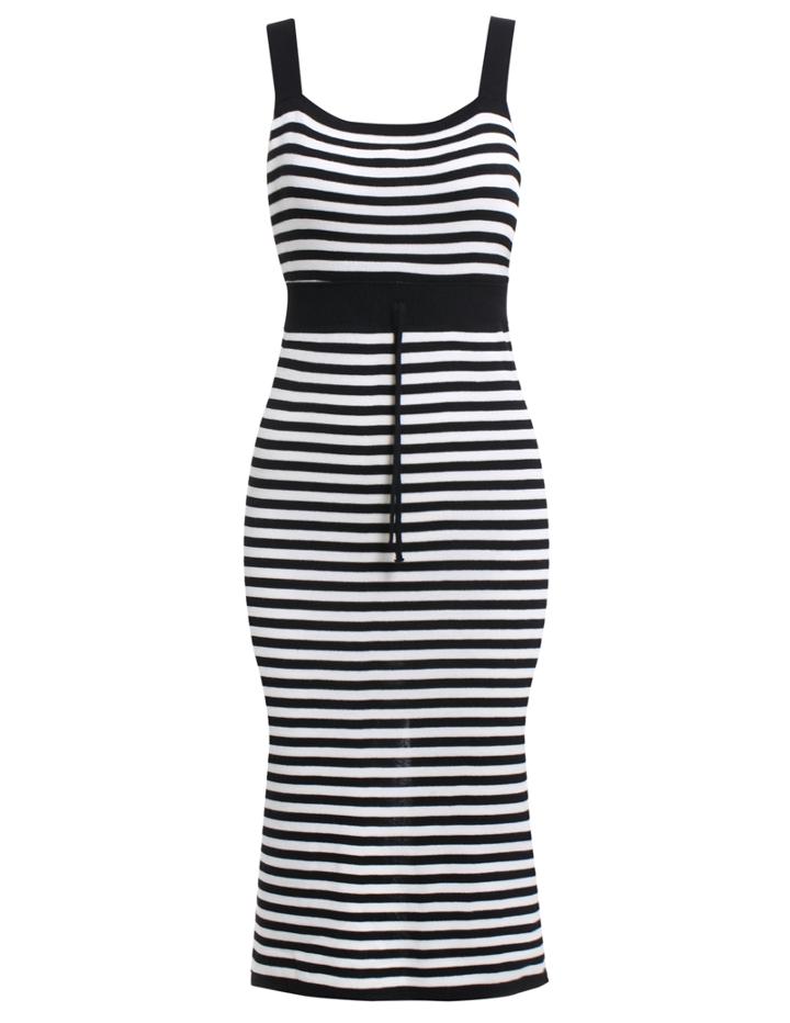 Romwe Spaghetti Strap Drawstring Striped Slim Black Dress