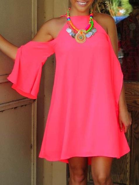 Romwe Open Shoulder Bell Sleeve Chiffon Shift Dress