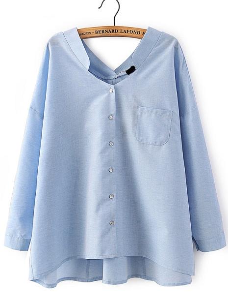 Romwe V Neck Dip Hem Blue Blouse