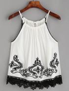 Romwe White Contrast Crochet Trim Embroidered Cami Top
