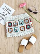 Romwe Drawstring Waist Hollow Out Granny Square Crochet Shorts