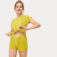 Romwe Knot Hem Top With Drawstring Waist Shorts