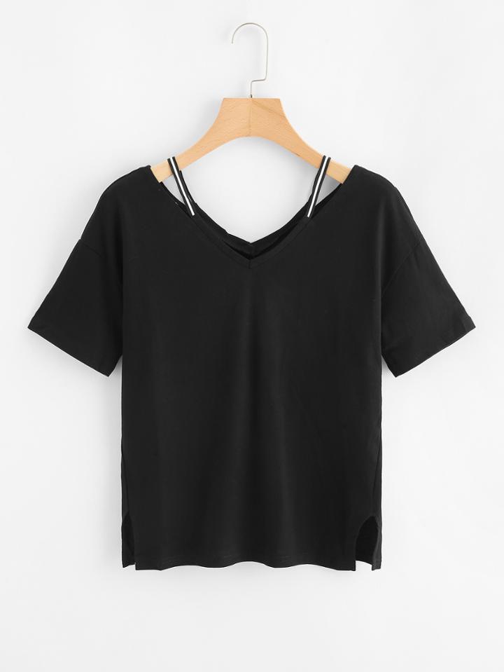 Romwe Cut Out Neck Split Hem Tee