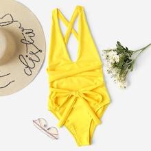 Romwe Criss Cross Open Back One Piece Swim