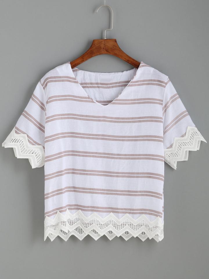 Romwe V Neck Striped Crochet Trim Top